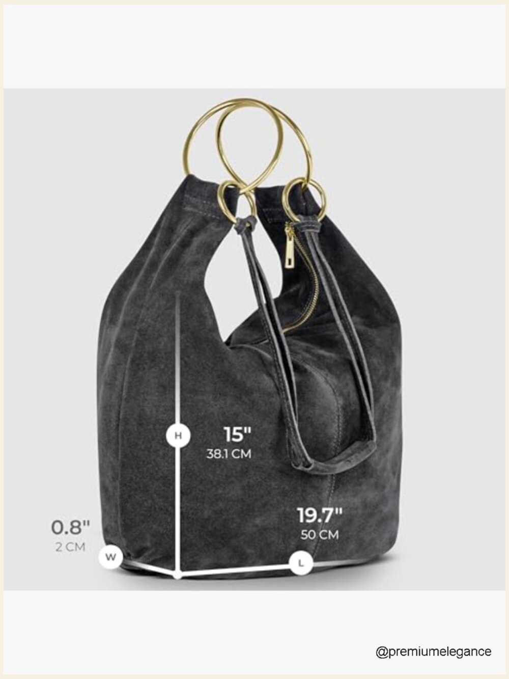Italian Suede Hobo Bag with Zippered Closure and Ring Hardware, Large Shoulder - Picture 3 of 4